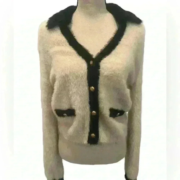 Express Tipped Faux Fur Novelty Button Cardigan - Picture 2 of 2